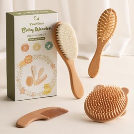 Yoofoss 4 Piece Baby Hair Brush and Comb Set, Wooden Baby Brush with Natural Ultra Soft Goat Hair, Baby Hair Brush for Newborn, Baby Comb Set for Boy Girl