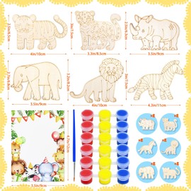 WYOMER 12 Sets Safari Party Favors Painting Kits, Jungle Craft Kits Party Supplies, Jungle Wooden Painting Kit for Kids with Cards