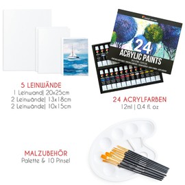 Zenacolor - Acrylic Paint Set (40 Pieces) - 24 x 12 ml Acrylic Painting Starter Set - With 5 Canvas, 10 Brushes, 1 Palette - Colours Acrylic Painting Set for Artists - Painting Case for Adults