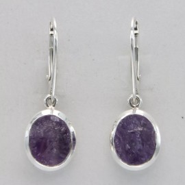 Amber America Raw Natural Rough Cut Purple Oval AMETHYST Earrings 925 STERLING SILVER #65e