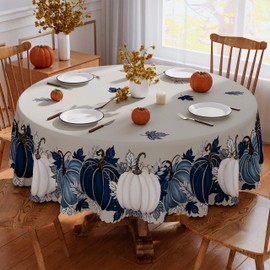 Fall Tablecloth 60x60 Inch Round, Blue Vintage Pumpkin Maple Leaf Fall Table Cover Seasonal Autumn Thanksgiving Scalloped Edge Waterproof Table Cloth Home Decor