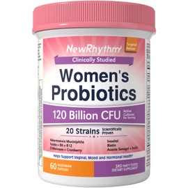 NewRhythm Probiotics for Women, Akkermansia Probiotic, Biotin, Vitamin B6 B12 & Inositol, 120 Billion CFU 20 Strains, Digestive Enzymes, Prebiotics & Vaginal Probiotics for PH Balance, 60 Capsules