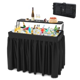 SHAREWIN Double-Layer Ice Cooler Folding Table, Party Chilling Table with Drain and Detachable Black Skirt to Keep Drinks Cool for Weddings, Outdoor, Picnics, Pool Parties
