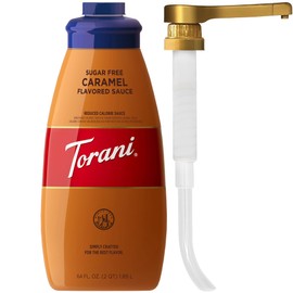 Torani Sugar Free Caramel Sauce for Crafting Coffeehouse Drinks, Large Squeeze Bottle with Pump, 64 Fl Oz