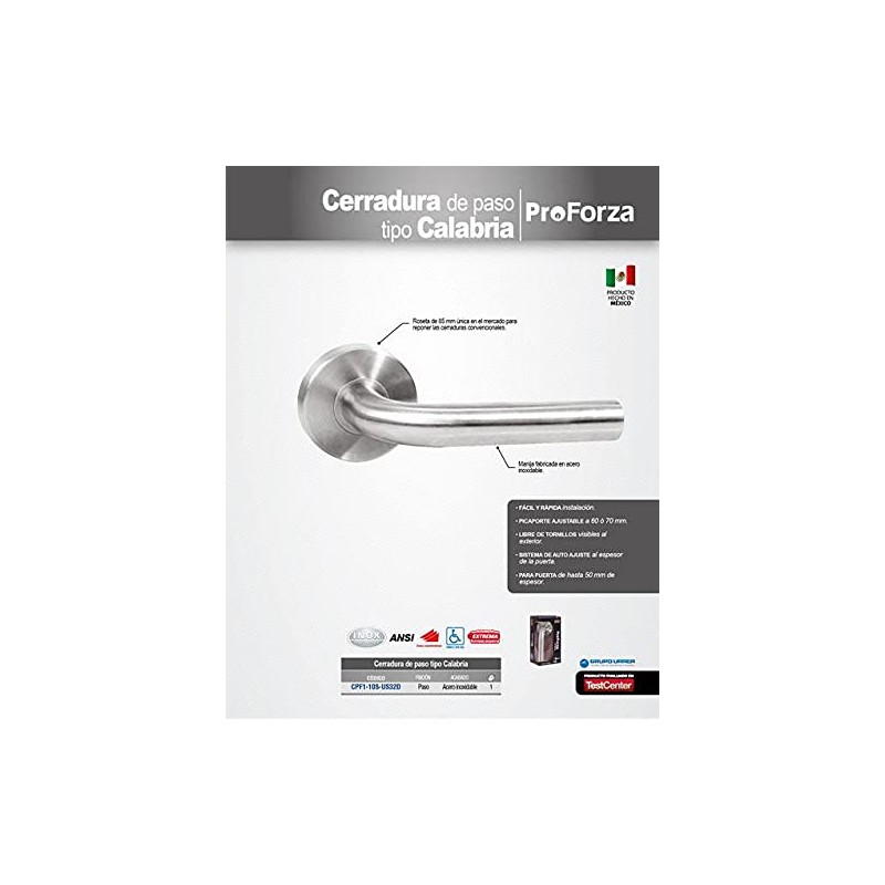 Lock Proforza CPF1-10S-US32D Manija tubular Calabria función de paso, acero