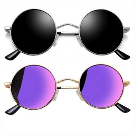 Joopin Round Sunglasses Men Women Small Circle Sun Glasses Polarized UV400 Trendy Teashade Circular Shades Costume (Black + Mirror Purple)