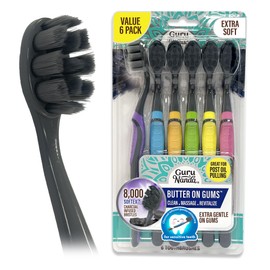 GuruNanda Butter on Gums Charcoal Toothbrush - 8000+ Softex Bristles for Sensitive Teeth & Gums, Aids in Teeth Whitening, Extra Soft (6 Count)