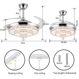 Panghuhu88 42" Fandelier Invisible Ceiling Fan Chandelier with Light,Modern Crystal Ceiling Fan Light Remote Control 4 Retractable ABS Blades for Bedroom Living Dining Room Decoration