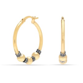 LeCalla 925 Sterling Silver Two-Tone Beaded Bohemian Bali Tribal Click-Top Hoop Earrings for Women Teen 25mm