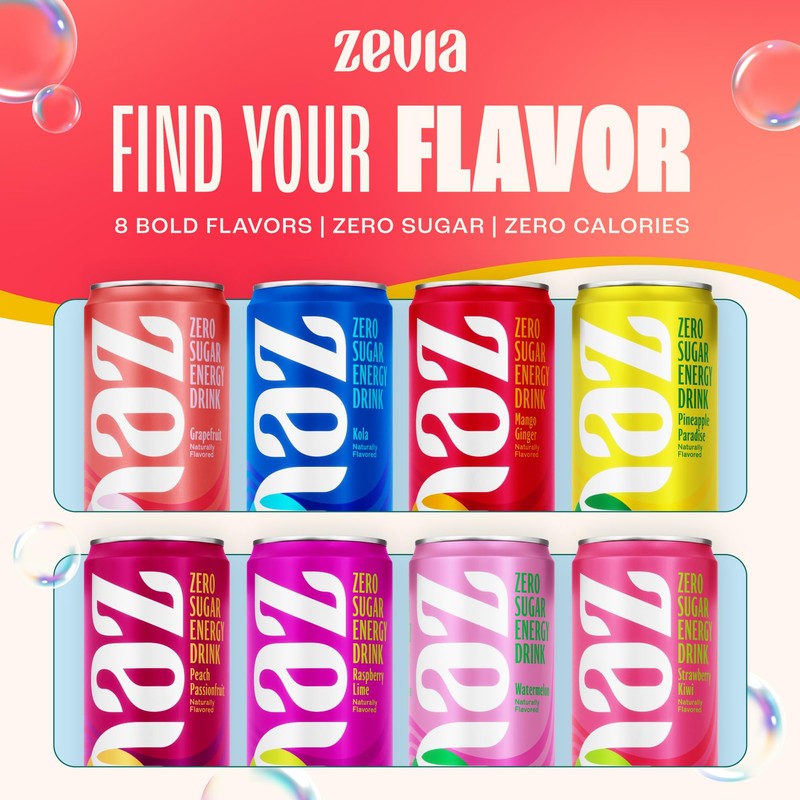 Zevia Zero Sugar Energy Drink, Grapefruit, 12 oz Cans (12-Pack)