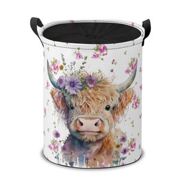 Highland Cow with Flowers Laundry Hamper Basket,Watercolor Floral Collapsible Portable Laundry Bag, Storage Bins Toys Storage Gifts Basket, Bedroom Home Nursery Decor for Baby Girl Women