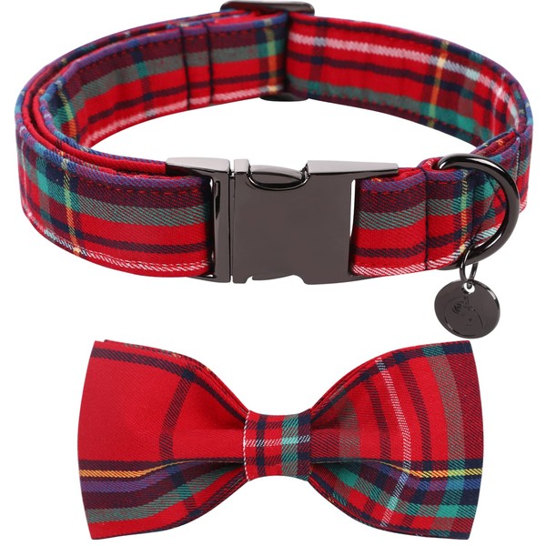 DOGWONG Red Dog Collar with Bow Tie - Red Checked