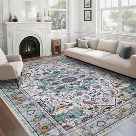 WILLSUN Washable Area Rugs, 8x10 Non-Slip Boho Large Area Rugs for Living Room, Bedroom, Machine Washable Vintage Rug, Indoor Floral Print Carpet for Home Decor, Kid & Pet Friendly Mat