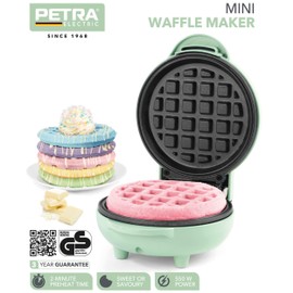 Petra PT4214GRNVDEEU7 Non-Stick Mini Waffle Iron - Small Classic Sweet/Savoury Waffle Approx. 11.5 cm, 550 W, Compact Belgian Waffle Machine, Children's Birthdays, Family Celebrations, Green Retro