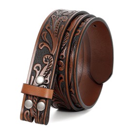 WERFORU Western Leather Belt Strap for Men Women Cowboy Western Belts without Buckle Men Western Leather Belt for Jeans Pants Dresses, Brown- floral pattern, Fit Size 29"-33"