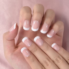 ELEVENAIL Natural Glossy Nude Pink White Press on French False Nails Short Round Fake Nails Tips Salon Manicure Reusable DIY Artificial Nails Art for Women Girls