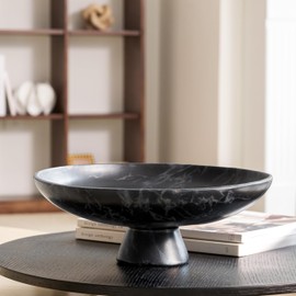 DN DECONATION Fruit Bowl Black Decorative Bowl Made of Resin Round Marble Bowl with Base Decorative Bowl Black as Key Bowl Decorative Tray for Living Room Hallway Kitchen