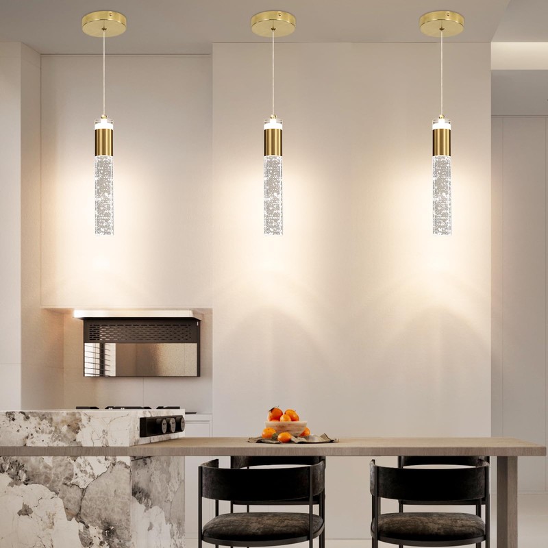 3 Pack Modern Kitchen Island Pendant Lights, Gold Bubble Crystal