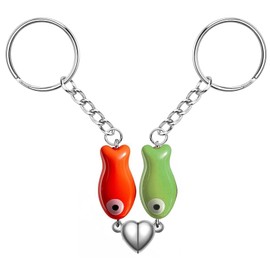 Agromusk Matching Heart Keychain,Cute Ceramic Fish Matching Couples Stuff Keyrings,Valentines Day Gifts for Him Her Boyfriend Girlfriend(Orange&Green)