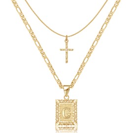 KELORIS PATH Gold Layered Initial Cross Necklace, 14K Gold Plated Layering Square Letter Pendant Figaro Chain Cross Choker from A-Z Capital Jewelry for Women(Letter G)
