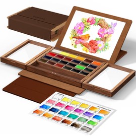 Watercolor Paint Set 24 Vibrant Colors with Walnut Wood Palette,Adjustable Angles Artificial Leather Sheath Portable Travel Watercolor Palette Set for Artist