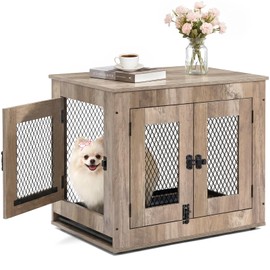 Agitree Pet Crate Furniture End Table - Rustic Style Small Dog Cat Cage, 25.59" Front Double Doors + Reversible Side Door, Decorative & Functional