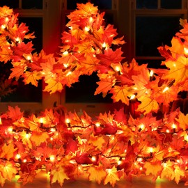Fall Decorations Lighted Fall Garland, 9FT 50 Count Incandescent Lights Brown Wire UL Certified Connectable Maple Leaves String Lights (Orange, 9FT-2PCS)