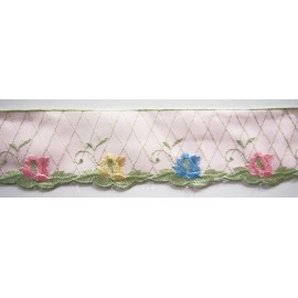 Unbranded 3 Yds. Trellis Garden Flowers Embroidered 2 1/4" Pink Satin ES-313a