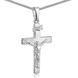 Materia Cross Pendant for Men and Women 925 Silver with Jesus INRI Matt Rhodium-Plated – Choice of Chain, Sterling Silver, No Gemstone