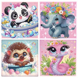 Qukle 4 Pack Cute Animals Diamond Painting Kits, Animals Diamond Art Kits for Beginners, DIY Crystal Mosaic Kits Full Drill Diamond Dots Craft Picture Arts for Home Wall Decor 18x18cm