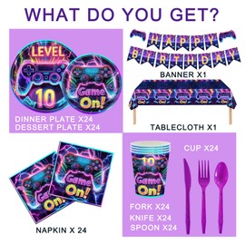 Vlipoeasn 146pcs 10th Birthday Video Game Party Plates, Purple 24 Guests Disposable Paper Plates, Hanging Swirls, Balloons and Happy Birthday Banner for Level 10 Gamer Birthday Party
