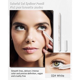 White Eyeliner For Waterline, Cream Gel Eyeliner Waterline Waterproof Smudge-Proof Eye Liner Pen, Safe for Sensitive Eyes, Matte Rich Color Eye Brightener Colored Eyeliner Pen Makeup with Sharpener-02