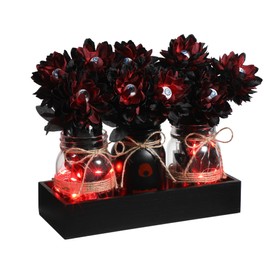 Honeydak 15 Pcs Mason Jar Centerpiece for Dining Room Table with Farmhouse Wood Tray, 3 Mason Jars with Artificial Flowers, and 2 LED Light for Room Kitchen Living Bathroom Wedding (Eyeball Dahlia)