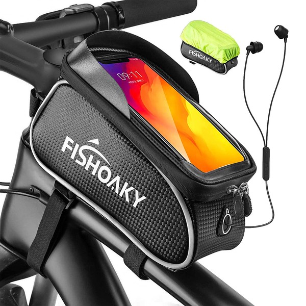 FISHOAKY Waterproof Bicycle Frame Bag, Waterproof Bicycle Phone Bag with Rain Cover for Mountain Bikes with Touch Screen and Large Capacity for Smartphone under 6.5