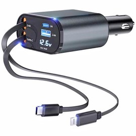 4-in-1 retractable fast car charger with voltage monitor, suitable for iPhone and Type-C, dual USB ports, charge four devices at the same timeÔºåRetractable Fast Charging Car Charger:_Regular