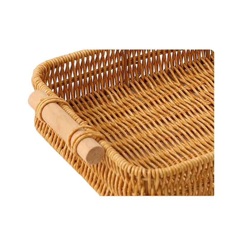 Handwoven Rattan Serving Tray Set Rectangular Round Basket with Handle