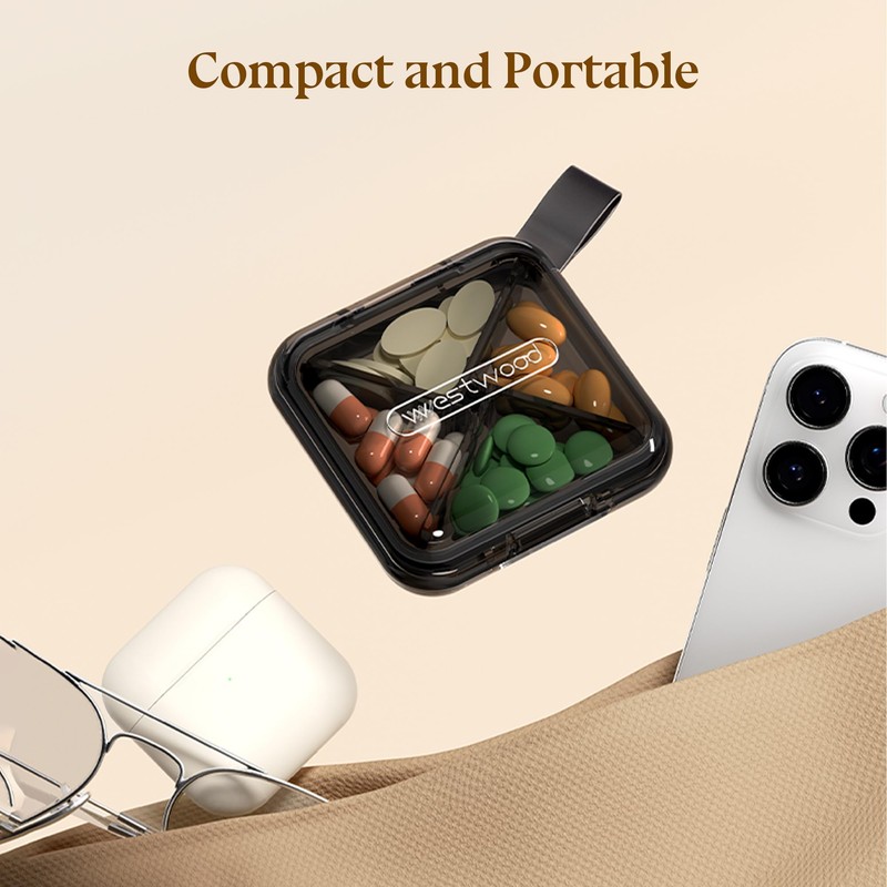 1 Pack Purple Pill Organizer with Strap, 4 Compartments, Compact