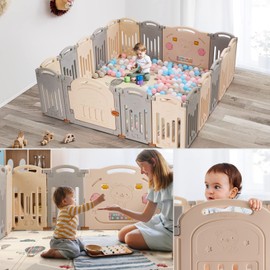 UANLAUO Baby Playpen 18 Panel Foldable Playpen for Babies and Toddlers, Indoor & Outdoor Baby Fence Play Area, Easy to Assemble, Portable Baby Play Yards, Toddlers and Kids(Grey+Cream)