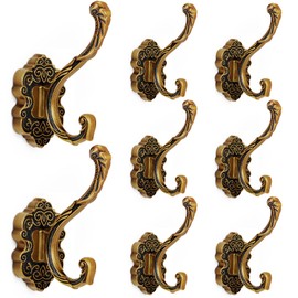 Zonon 8 Pcs Vintage Coat Hooks Antique Brass Wall Hooks for Hanging Purse Hat Keys Clothes Curtain Unique Heavy Duty Bathroom Decor