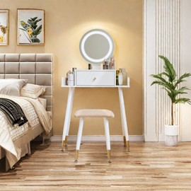 JanflyHome Vanity Desk, Makeup Vanity Desk with Mirror and Lights, 3 Color and Brightness Adjustable, Vanity Table with Power Outlet & Cushioned Stool, Small Vanity for Girls Bedroom, White