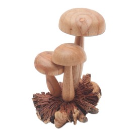 NOVICA Artisan Handcarved Wood Sculpture Mushroom from Bali Indonesia Nature Snake [6in H x 3.9in W x 3.5in D] ' Growing Mushrooms'