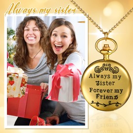 JewelryWe Quartz Analog Pocket Watch: Women Gold Always My Sister Forever My Friend Hunter Watches Arabic Numerals Vest Antique Fob Watch Gift with Sweater Chain Necklace