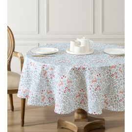 Laura Ashley Decorative Tablecloth, Wrinkle and Stain Resistant, Spillproof Water Repellent, Easy Care Washable Polyester Fabric for Dining, Kitchen, Holiday and Party, 70" Round, Reindeer Prance