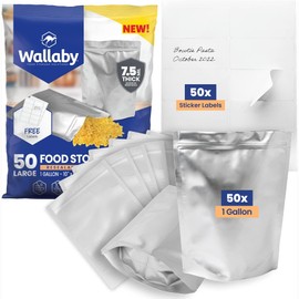 Wallaby 50 Count 1-Gallon Gusset Mylar Bags with Labels, 15 Mil Total Thicker Long-Term Food Storage Pouches, 10x14 Stand-Up Zipper Heat-Sealable Airtight Packaging - Silver