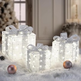 Elegear Cajas de regalo de decoración de Navidad, juego de 3 cajas de regalo iluminadas con 140 luces LED blancas frías, 8 modos y temporizador, alambre plateado, decoración de Navidad para interiores