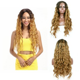 Natural Hairline Loose Wave Honey Blonde Synthetic Lace Front Wigs For Women Dark Brown Roots to Blonde Ombre Lace Wig 2 Tone Heat Resistant Fiber for Drag Queen Glueless Hair 24"