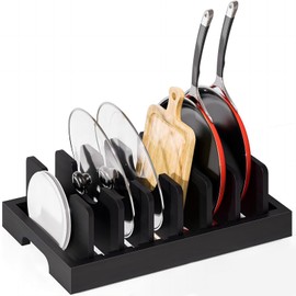 Bamboo Pot Lid Organizer for Cabinet & Kitchen Counter, Pot Lid Holder, Pan Lid Organizer Inside Cabinet, Adjustable Pot Lid Organizer Holder Rack for Countertop Drawer, Bamboo Pot and Pan Organizer.