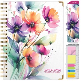 HARDCOVER Academic Year 2025-2026 Planner: (June 2025 Through July 2026) 8.5"x11" Daily Weekly Monthly Planner Yearly Agenda. Bookmark, Pocket Folder and Sticky Note Set (Rainbow Floral)