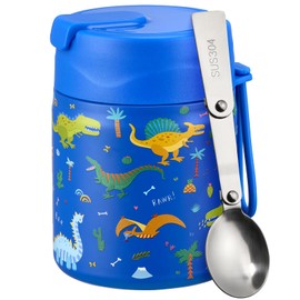 Pawtong 17oz Soup Thermo for Hot Food Kids Insulated Vacuum Food Jar with Stainless Steel Spoon Wide Mouth Thermo Leakproof Lunch Food Container Kids Hot Lunch Box (Blue-Dinasour)