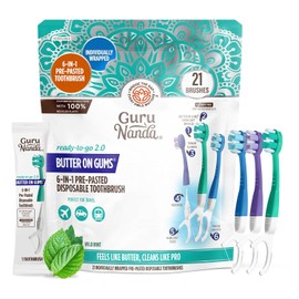 GuruNanda 6-in-1 Ready-to-Go Disposable Toothbrush, Pre-Pasted Butter on Gums Softex Bristles, Floss & Toothpick, Tongue & Cheek Cleaner, Individually Wrapped & TSA Friendly, 21 Ct